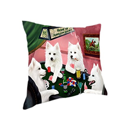 Home of 4 American Eskimos Dogs Playing Poker Pillow 26x26