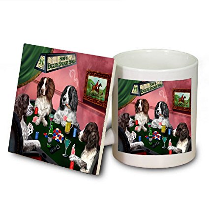 Home of English Springer Spaniel 4 Dogs Playing Poker Mug and Coaster Set