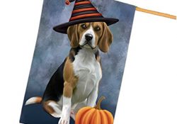 Happy Halloween Beagles Dog Wearing Witch Hat with Pumpkin House Flag