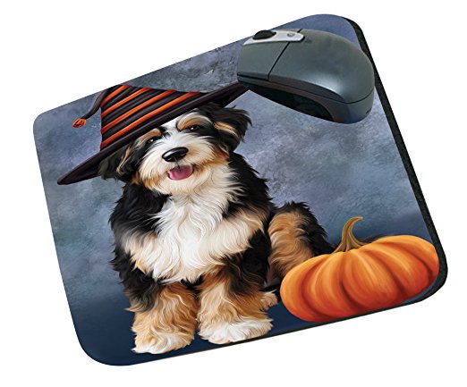 Happy Halloween Bernedoodle Dog Wearing Witch Hat with Pumpkin Mousepad
