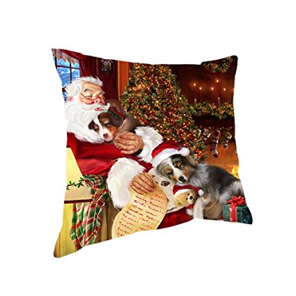 Happy Holidays with Santa Sleeping with Australian Shepherd Dogs Christmas Pillow
