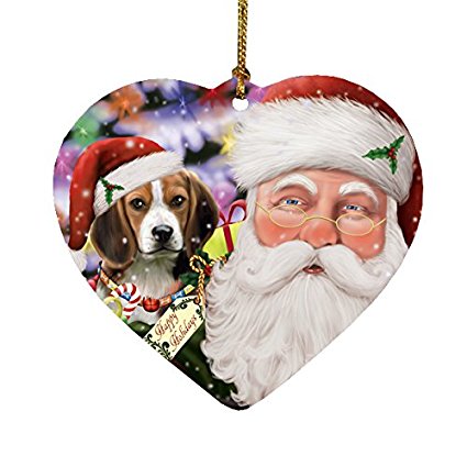 Jolly Old Saint Nick Santa Holding Beagles Dog and Happy Holiday Gifts Heart Christmas Ornament