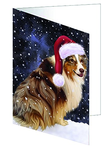 Let it Snow Christmas Australian Shepherd Dog Wearing Santa Hat Greeting Card (20)