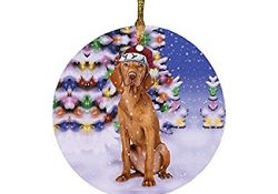 Winterland Wonderland Vizsla Dog In Christmas Holiday Scenic Background Round Ornament