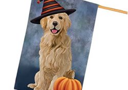 Happy Halloween Golden Retriever Dog Wearing Witch Hat with Pumpkin House Flag