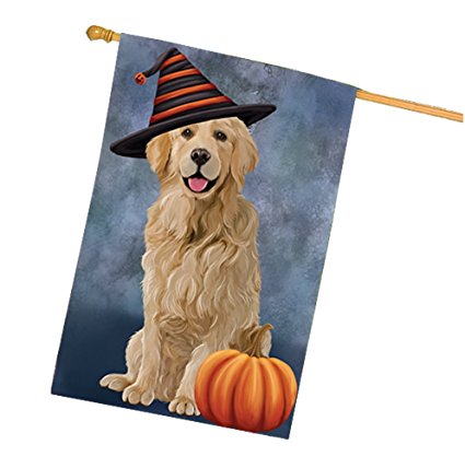 Happy Halloween Golden Retriever Dog Wearing Witch Hat with Pumpkin House Flag