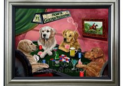 Home of Golden Retriever 4 Dogs Playing Poker Framed Canvas Print Wall Art (18x24, Silver and Black)