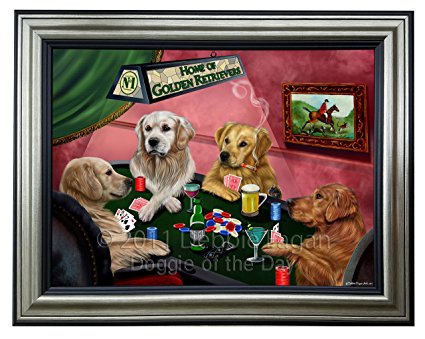 Home of Golden Retriever 4 Dogs Playing Poker Framed Canvas Print Wall Art (18x24, Silver and Black)