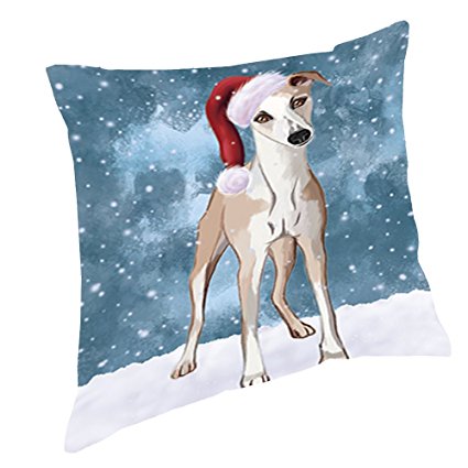 Let it Snow Christmas Holiday Whippet Dog Wearing Santa Hat Throw Pillow D406 (18x18)