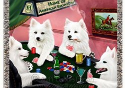 American Eskimo Dogs Playing Poker Woven Throw Blanket 54 x 38
