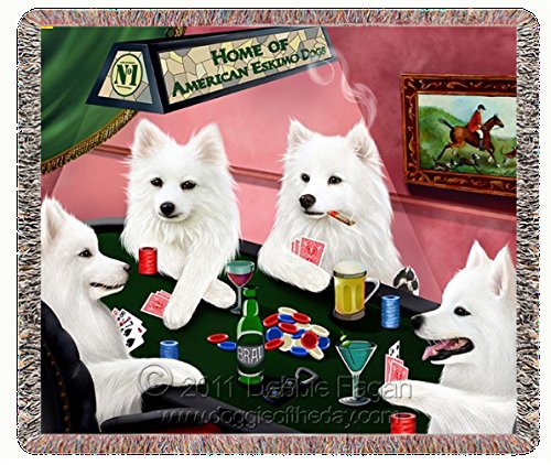 American Eskimo Dogs Playing Poker Woven Throw Blanket 54 x 38