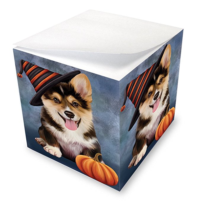 Happy Halloween Corgi Dog Wearing Witch Hat with Pumpkin Note Cube