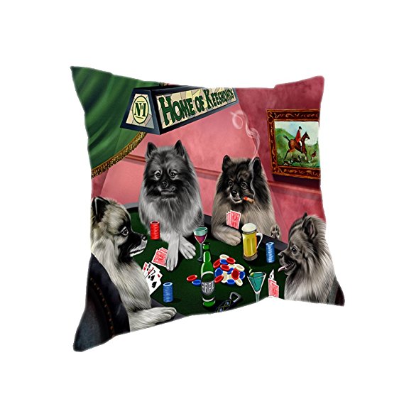 Home of 4 Keeshond Dogs Playing Poker Pillow (14x14)