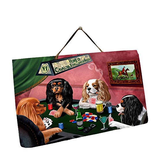 Home of Cavalier King Charles Spaniel 4 Dogs Playing Poker Photo Slate Hanging