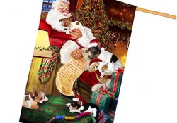 Rat Terrier Dog and Puppies Sleeping with Santa House Flag