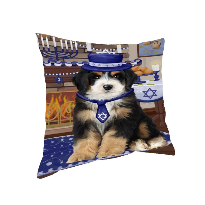  Happy Hanukkah Family and Happy Hanukkah Both Bernedoodle Dog Pillow PIL82996 